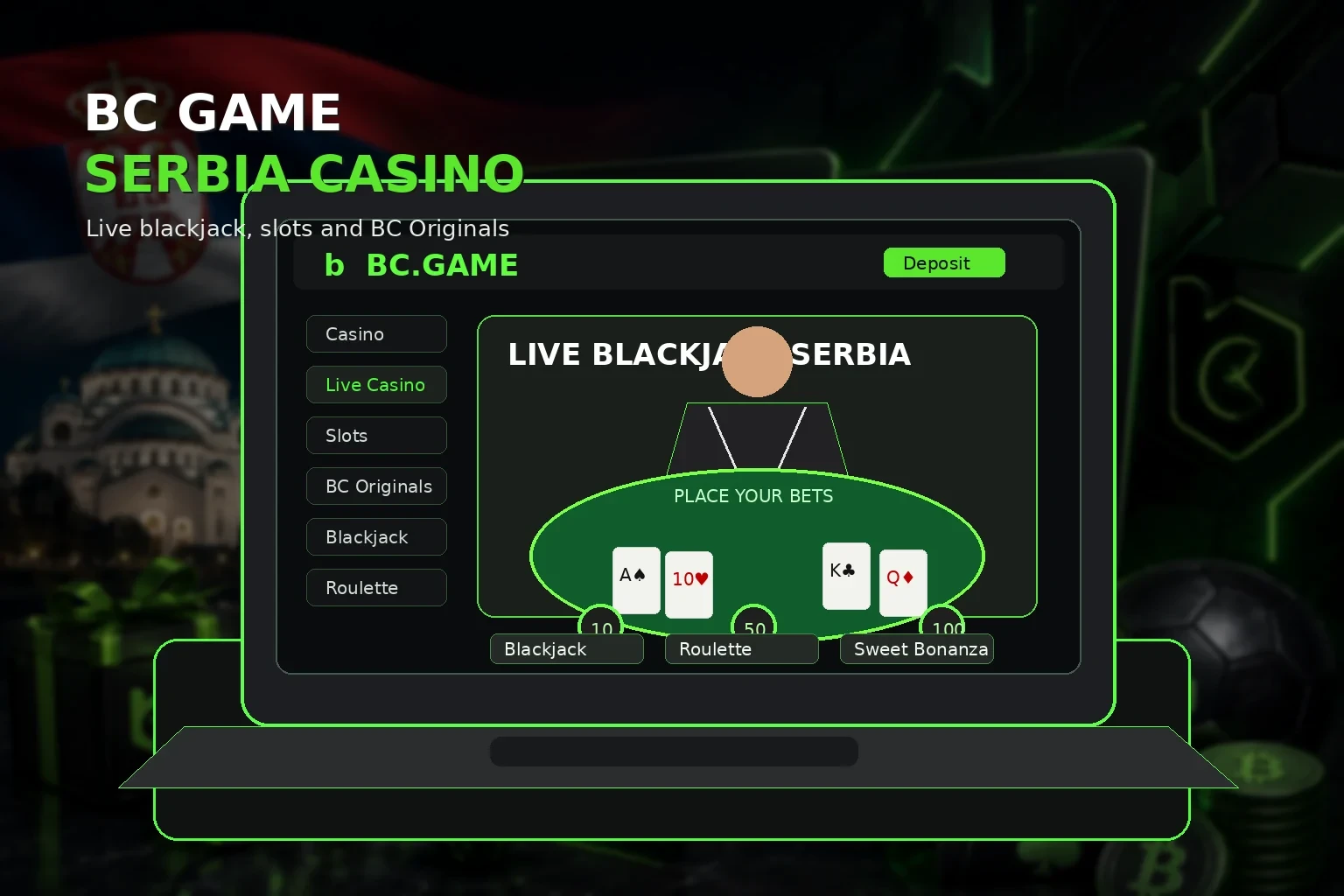 BC Game Sırbistan casino games and live table on laptop