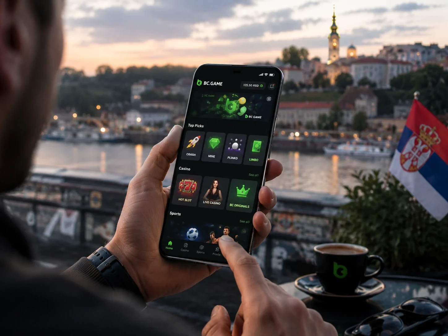 BC Game Sırbistan mobile app open on phone in Belgrade